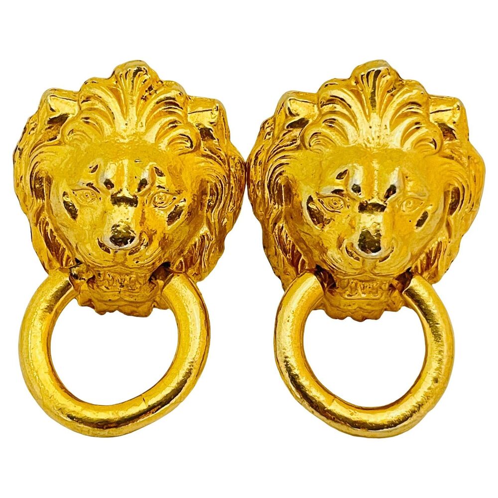 GRAZIANO signed vintage lions head door knocker designer runway clip on earrings